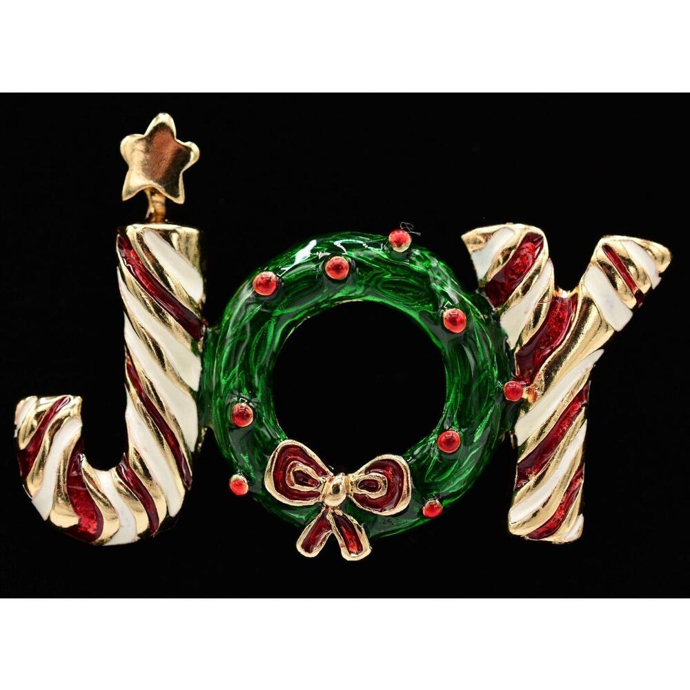 Vintage Christmas JOY Pin Brooch Wreath Enamel Candy Cane Holiday NOS 80s BinA9